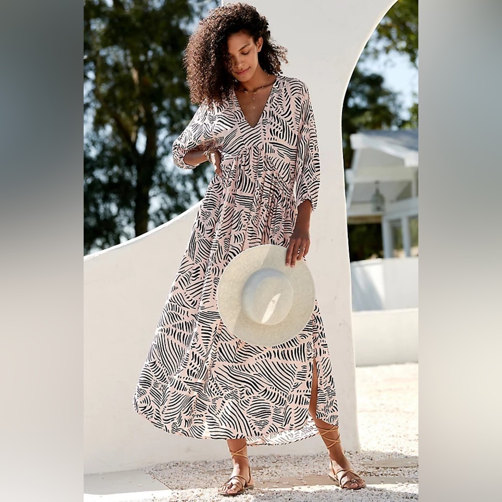 Anthropologie Malai Untamed Loner Pink Black Abstract Print Maxi Dress M V-neck